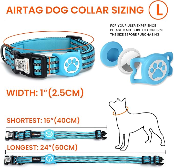 AirTag Dog Collar for Large Dogs, IP68 Waterproof Air Tag Dog Collar with Apple AirTag Holder, Reflective, QR Code Personalized Dog Tags(Blue, Large)