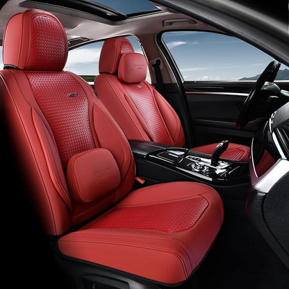Coverado Car Seat Covers Full Set, Red Seat Covers for Cars, Waterproof Nappa Leather Automotive Seat Covers with Lumbar Head Pillow, Car Seat Protectors, Universal Fit for Most Cars SUV