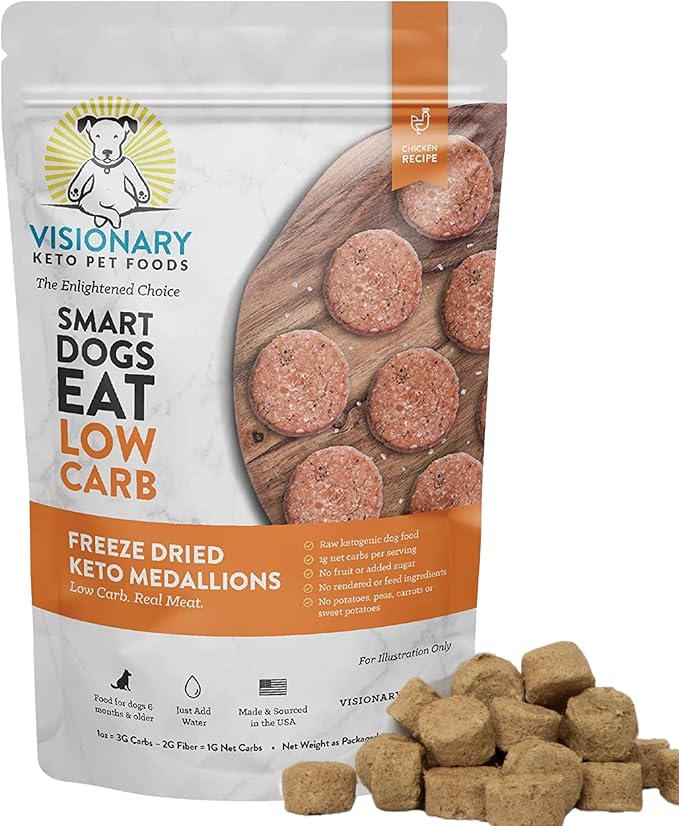 Visionary Pet Foods Freeze Dried Raw Dog Food, Topper & Meal Mixer – Real Chicken | KetoPet Research Formula | Less Than 1g Net Carbs | Ketogenic | Grain Free High Protein | Made in USA | 25oz