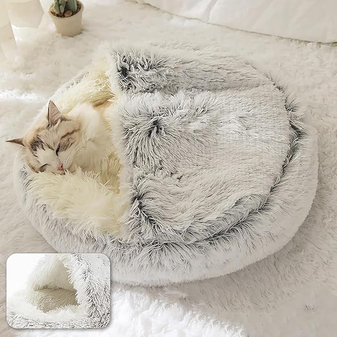 Keep Warm Lapcatz Nest Bed, Cat Bed Round Fluffy Hooded Cat Bed Cave, Anti-Slip Bottom and Machine Washable,Removable Washable Round Beds for Small Medium Pets (Grey,100cm/39.4inch)