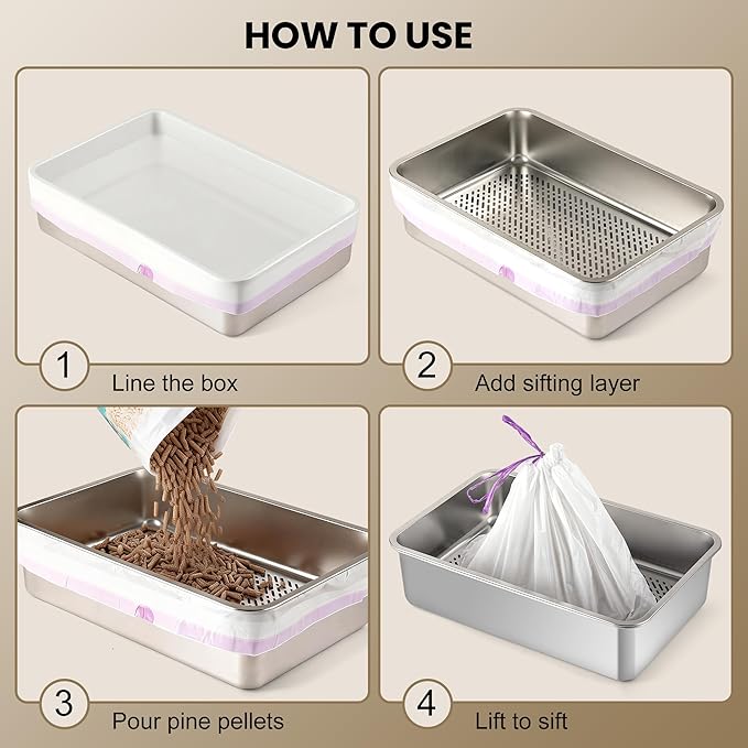 XL Litter Box Liners – Fits 24" Stainless Steel Sifting Litter Boxes for Pine Litter, Tear-Resistant, 28 Count (4 Packs), 1.4 mil