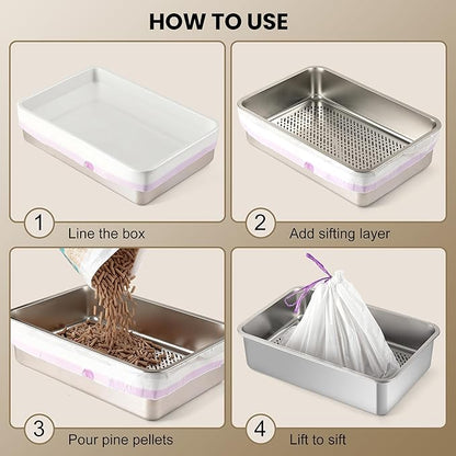 XL Litter Box Liners – Fits 24" Stainless Steel Sifting Litter Boxes for Pine Litter, Tear-Resistant, 28 Count (4 Packs), 1.4 mil