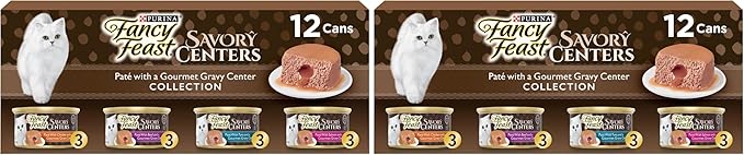 Fancy Feast Purina Savory Centers Wet Cat Food Pate Variety Pack with Chicken, Salmon, Beef, and Tuna Pate with Gravy Center - (2 Packs of 12) 3 oz. Pull-Top Cans (Pack of 2)