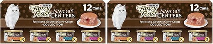 Fancy Feast Purina Savory Centers Wet Cat Food Pate Variety Pack with Chicken, Salmon, Beef, and Tuna Pate with Gravy Center - (2 Packs of 12) 3 oz. Pull-Top Cans (Pack of 2)