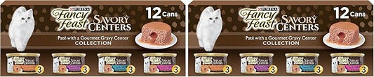 Fancy Feast Purina Savory Centers Wet Cat Food Pate Variety Pack with Chicken, Salmon, Beef, and Tuna Pate with Gravy Center - (2 Packs of 12) 3 oz. Pull-Top Cans (Pack of 2)