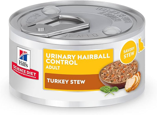 Hill's Science Diet Adult Urinary & Hairball Control Wet Cat Food, Turkey & Vegetable Stew, 2.9 oz. Cans, 24-Pack