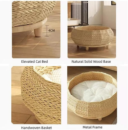SHENGOCASE Extra Large Handwoven Paper Rope Wicker Rattan Pet Cat Dog Nest Basket Bed, Elevated Couch with Wooden Base, Cozy Cushion for Maine Coon, Indoor