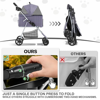 MoNiBloom 3 in 1 Foldable Pet Stroller for Small & Medium Dogs, Detachable Carrier, Car Seat, Push Button Entry, 4-Wheel Jogger for Pets up to 33 lbs, Plaid