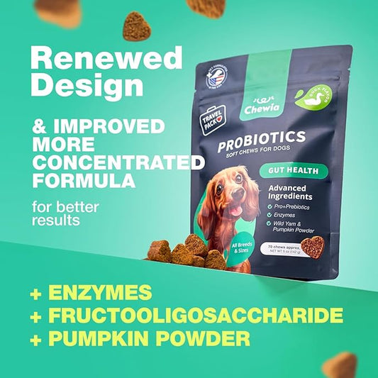 Probiotics for Dogs Gut Health, Digestion, Immunity, Yeast Balance, Itchy Skin, Allergies Support - Dog Probiotic Chews (Travel Pack) with Digestive Enzymes for Gut Flora - Pumpkin and Yeast Powder