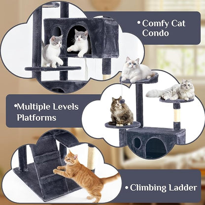Sweetcrispy 62 Inch Cat Tree Tower, Multi-Level with Cat Scratching Post, Indoor Cat Condo with Climbing Ladder, Plush Toy, Play House for Cat, Dark Grey