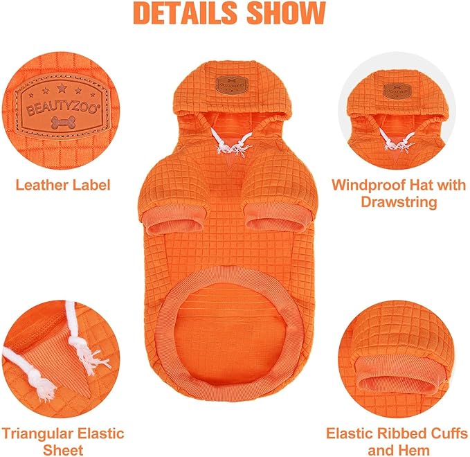 BEAUTYZOO Small Dog Hoodie Sweater with Pockets, Dog Clothes for Small Medium Dogs Boy Girl, Waffle-Like Laminated Cotton Pet Coats with Hat and Leash Hole, Orange S