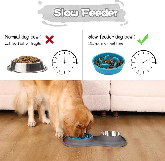 MateeyLife Dog Food and Water Bowl Set 3 in 1, Slow Feeder Dog Bowls & Stainless Steel Water Bowl with Non-Spill Silicone Mat, Cat and Puppy Bowls Pet Dishes for Small Medium Large Breed Anti-Choking