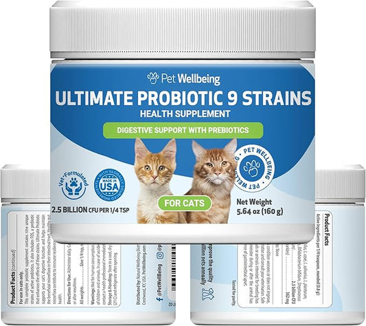 Pet Wellbeing Ultimate Probiotic 9 Strains with FOS Prebiotics for Cats - Digestive Health, Immune Support & Gut Flora Balance - NASC Certified & Vet-Formulated - 160 g Powder