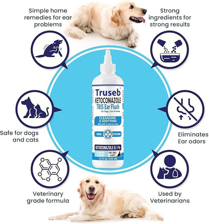 Pet Health Pharma Truseb | Dog Ear Flush Ketoconazole Dog Ear Wash, Cats and Horses, Ketoconazole Tris Ear Flush for Dogs (12 oz) Made in U.S.A (Ketoconazole Ear Flush, 12 oz)