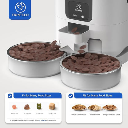 PAPIFEED Automatic Cat Feeder 2 Cats, 2.4G WiFi Cat Food Dispenser with App Control, 7L Slow Feed Timed Cat Feeders for Dry Food, 10 Meals/Day, 12 Portions/Meal, Dual Power Supply - White