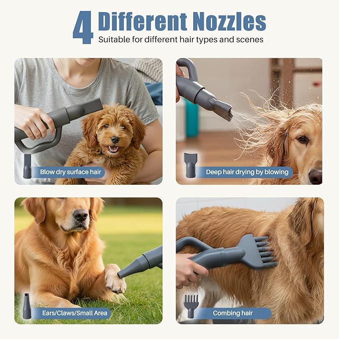 DUMOS Dog Blow Dryer Grooming Vacuum Kit, Cat Dog Hair Dryer with Adjustable Wind Speed & Heater Temperature, Cool-Warm-Hot Cycle Mode, 4 Nozzles, 6.5 FT Cord for Low Noise Pet Hair Remover - Grey