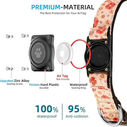 Upgrade Dog Collar with AirTag Holder, IP68 Waterproof, Peach Blossom, M | Built-in Water Resistant AirTag holder, 1000D Nylon, Reflective Stitching for Night Visibility, Soft padding for Comfort