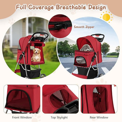 4 Wheels Dog Stroller, Foldable Pet Stroller for Small/Medium Dogs Cats, Cat Carrier with Storage Basket and Cup Holder, Pet Car Seat with Soft Pad, Red