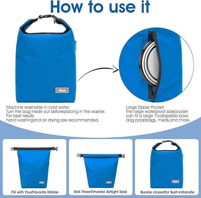 Pet Food Storage Bag Dog Storage Organizer Bag 2PCS Collapsible Dog Travel Bowls and Zipper Side Pocket for Home(Blue, Large)