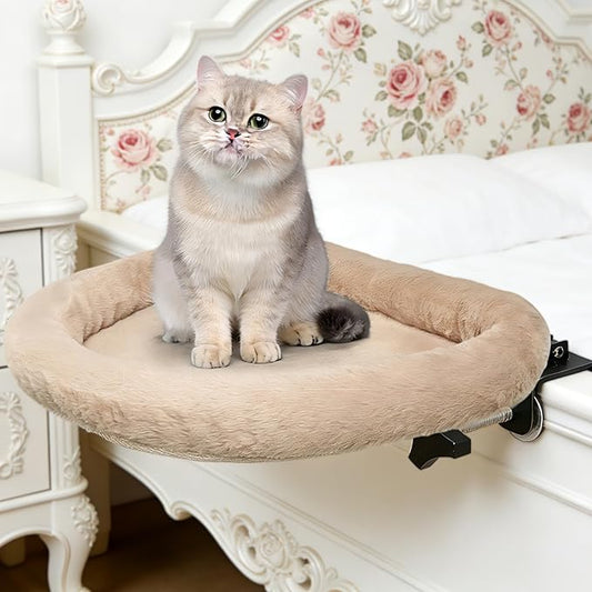 IPOW Heavy Duty Steel Frame 180°Rotating Cat Bedside Bed Semi-Circular Cat Bed for Bedside, Soft Faux Rabbit Fur Material, Suitable for Various Desktops-Maximum Hold Up to 40lb