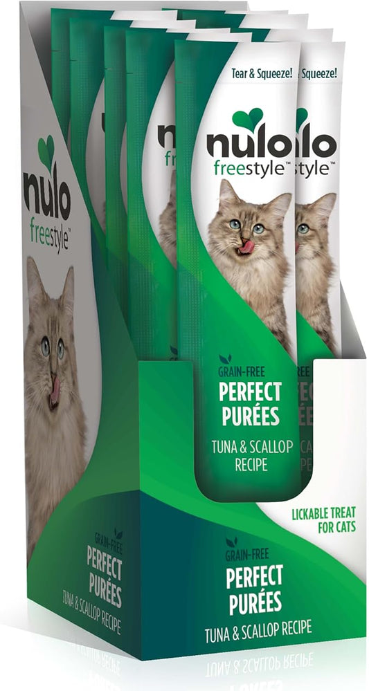 Nulo Freestyle Lickable Cat Treats - Perfect Purées Tuna & Scallop, Squeezable Grain-Free Wet Cat Food Topper, High Moisture for Hydration, 48 x 0.5oz