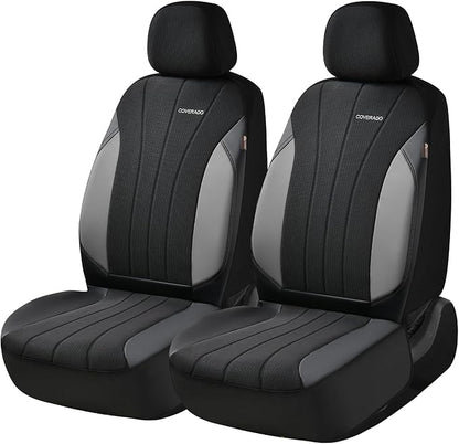 Coverado Seat Covers for Car 2 Seats, Leather Car Seat Covers Fullset, Breathable Mesh Front and Rear Protectors, Grey Luxury Automotive Covers, Universal Fit for SUV, Truck, Sedan