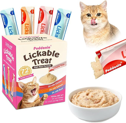 Lickable Cat Treats, High-Meat Puree, Grain & Gum Free, High Protein, No Additives, 0.5oz Tubes (Pack of 72)