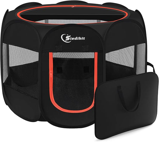 Siedihit Dog Playpen, Large Puppy Pet Playpen, Dog Crate Tent Cage Indoor/Outdoor, Portable Pop Up Dogs Kennel Playpen with Carrying Case for Dogs/Cats/Rabbitss, Black