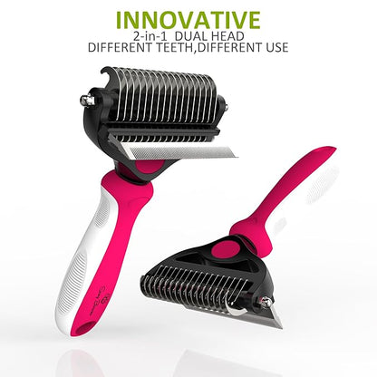 Spring Blossoms-2 in 1 Professional Grooming Rake for Cats & Dogs-Dematting Comb for Easy Mats & Tangles Removing,Pet Brush Safe No More Nasty Shedding and Flying Hair (Rose)