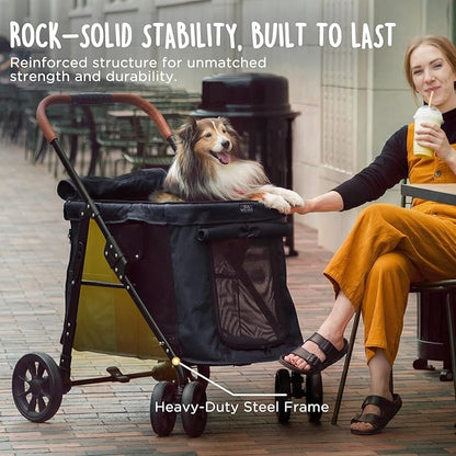 CANINE CANYON Scout Pet Stroller, Heavy Duty Dog Stroller for Small & Medium Dogs, Foldable Pet Stroller with All-Terrain Wheels, Breathable Mesh, Storage Pocket & Cup Holder, 55 lbs Capacity, Black