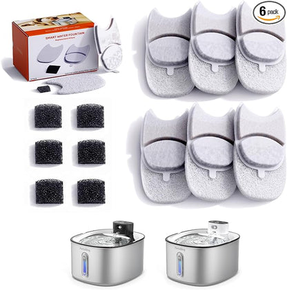 PartsBling Replacement Filters for 4.2L Cat Water Fountain | 6 Pack Filters & 6 Pack Pre-Filter Sponges for PartsBling Stainless Steel Cat Water Fountain