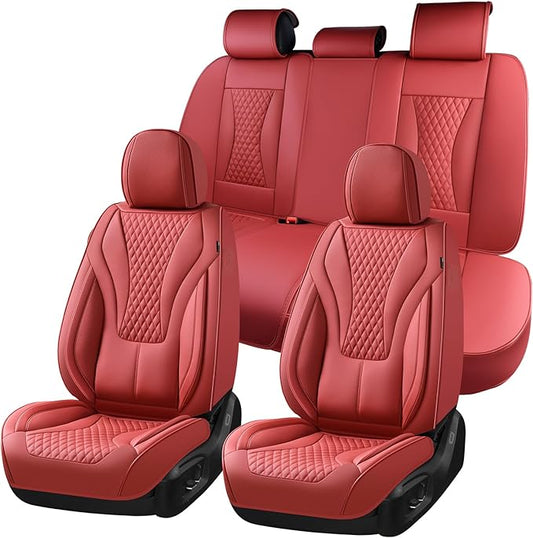 Coverado Waterproof Nappa Leather Car Seat Covers, Automotive Seat Covers Fullset, 5 Seat Car Seat Cushion & Car Seat Protector, Red Front and Rear Covers Universal Fit for Most Cars, SUVs, Trucks