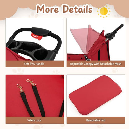 4 Wheels Dog Stroller, Foldable Pet Stroller for Small/Medium Dogs Cats, Cat Carrier with Storage Basket and Cup Holder, Pet Car Seat with Soft Pad, Red