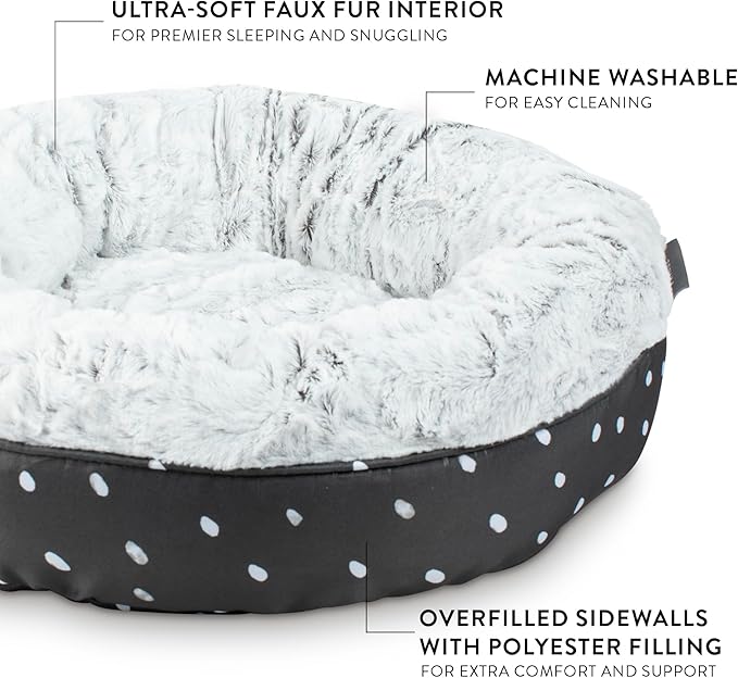 Fringe Studio Mudcloth Dabs Charcoal Small Circle Pet Bed 18"- Poly Filled with Faux Fur Interior - Machine Washable (200029)
