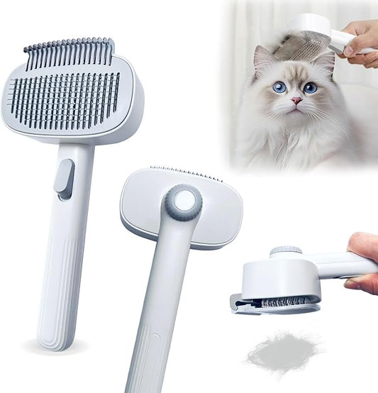 2-in-1 Dog & Cat Grooming Brush – Adjustable Deshedding Comb & One-Touch Clean | Skin-Safe Rake for Mats, Tangles, Shedding | Long/Short Hair Pets