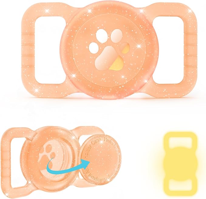SANKALA Luminous Waterproof Airtag Dog Collar Holder, Orange Glitter | 1 Pack, Silicone Full Body Covered, Anti-Lost Protective, Fits All Width Collars, for Apple Airtag 1st and 2nd Gen