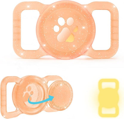 SANKALA Luminous Waterproof Airtag Dog Collar Holder, Orange Glitter | 1 Pack, Silicone Full Body Covered, Anti-Lost Protective, Fits All Width Collars, for Apple Airtag 1st and 2nd Gen