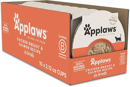 Applaws Natural Wet Cat Food in Broth, Limited and Natural Ingredients, High Protein with No Artificial Additives, Chicken Breast & Salmon in Broth (10 x 2.12 oz Easy-Open Cups)