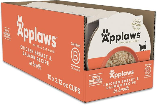Applaws Natural Wet Cat Food in Broth, Limited and Natural Ingredients, High Protein with No Artificial Additives, Chicken Breast & Salmon in Broth (10 x 2.12 oz Easy-Open Cups)