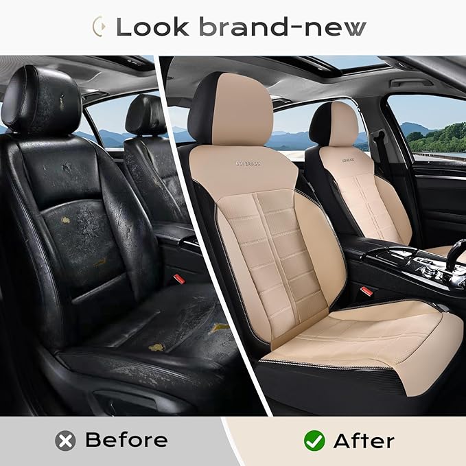 Coverado 3D Air Mesh Front Car Seat Cover, Sports Carbon Fiber Design, Breathable Seat Protectors Airbag Compatible Comfort Universal for Most Cars, Van,Trucks, SUV, Beige