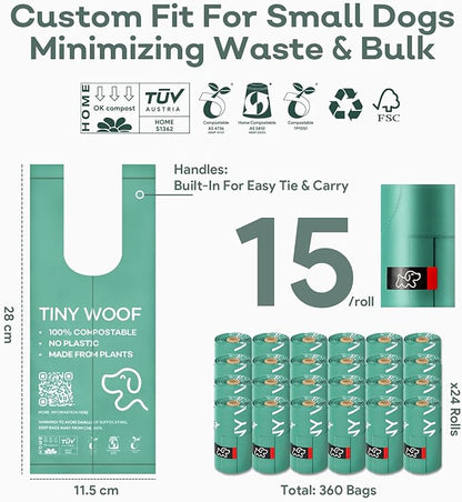 Small Dog Poop Bags – Biodegradable & Compostable Dog Poop Bags with Tie Handles | TINY WOOF Mini Poo Bags (360 Count) Chihuahua, Pomeranian, Toy Poodle and Puppies