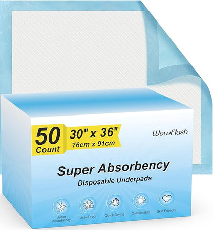 Wowflash Super Absorbency Disposable Leakproof Underpads with Quick Drying for Baby, Adults, Puppy, Dog Bed Pee Pads, Extra Large, XXL Incontinence Pads, 30” x 36”, 50 Count