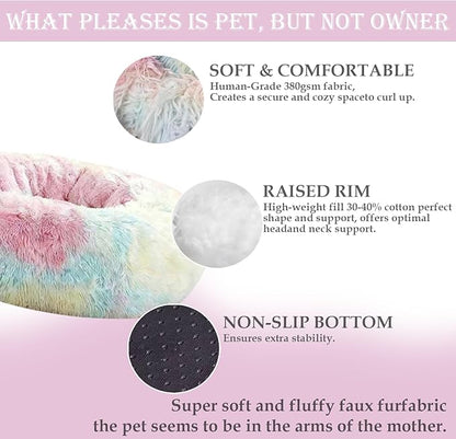 Washable Dog & Cat Bed for Ultra Large Small Medium Size Pet, Calming Donut Round Cute Warming Mat House Supply Indoor, 8 Sized Deal Necessity Essential Furniture for Boy Girl Puppy Kitten kitty