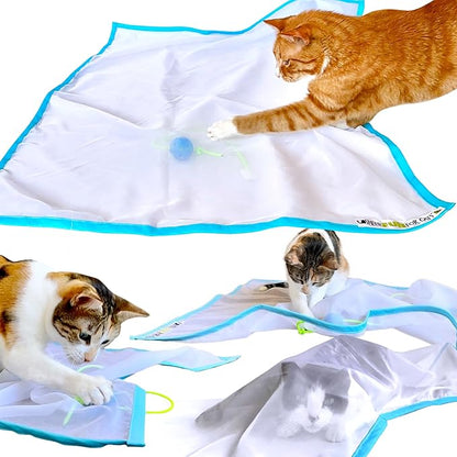 Toy, Renews Old Toys, Engages Hunting Instincts, Made in USA, Ball, Versatile, Quiet, Crinkle Edges, Cats, Kittens, cat playmat, Bed, Hide and Seek, Blue & White, 27"x37"