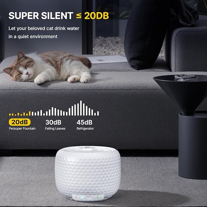 Automatic Cat Water Fountain, 62oz/1.8L Pet Water Fountain with Ultra Quiet Pump, Small Cat Fountain with Two Flow Modes, Includes 3 Filters (White, ABS)