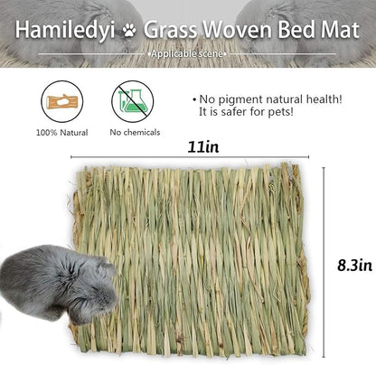 Hamiledyi Grass Mat Woven Bed Mat for Small Animal 5 Grass Mats Bunny Bedding Nest Chew Toy Bed Play Toy for Guinea Pig Parrot Rabbit Bunny Hamster Rat