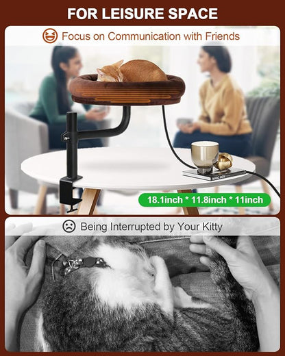 Heated Cat Bed for Desk Indoor, Heated Pet Bed Hammock for Home Office Workspace with Adjustable Mount & 360° Rotation Arm, Small Cute Raised Round Cat Pet Bed Heater Cat Window