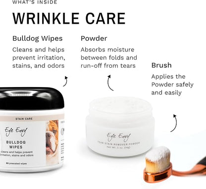 Eye Envy Bulldog Wrinkle Cleaner & Nose Care Kit. Bulldog Wrinkle Wipes, Tear Stain Powder, Applicator Brush & Dog Nose Balm. Cleans Skin Folds. Removes Stains. Helps Cracked Noses. Made in USA