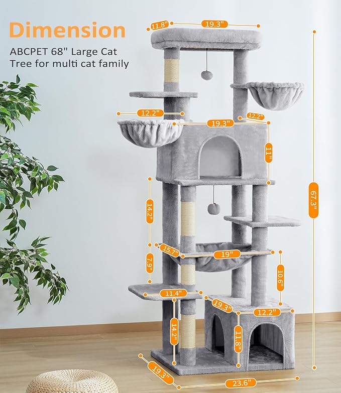 ABCPET Cat Tree Large Cat Tower Tree 68" Multi-Level Cat Tower for Indoor Cats with Sisal Scratching Posts, Widen Cat Perche, Square Hammock, 2 Widen Condos, Scratching Posts, Light Grey