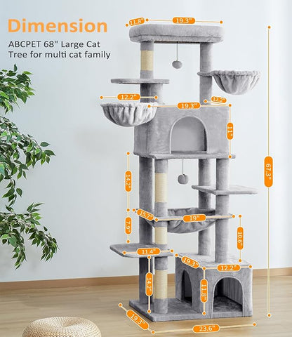 ABCPET Cat Tree Large Cat Tower Tree 68" Multi-Level Cat Tower for Indoor Cats with Sisal Scratching Posts, Widen Cat Perche, Square Hammock, 2 Widen Condos, Scratching Posts, Light Grey